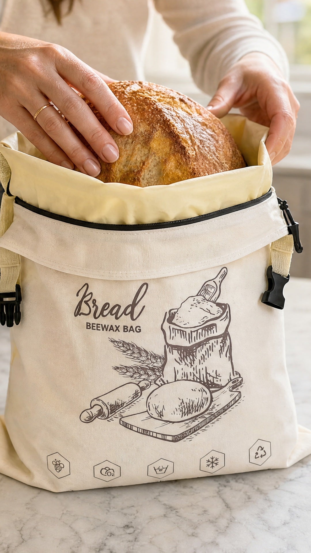 Placing a sourdough loaf into the beeswax-lined bread bag