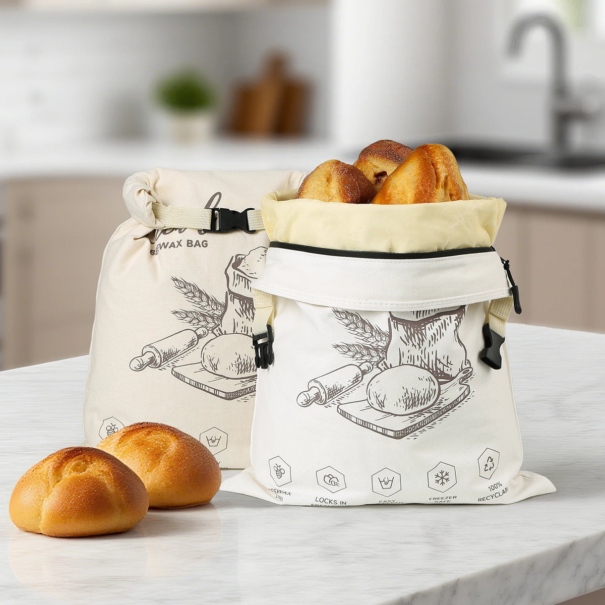 Open bread bag showing the beeswax-coated lining and zipper