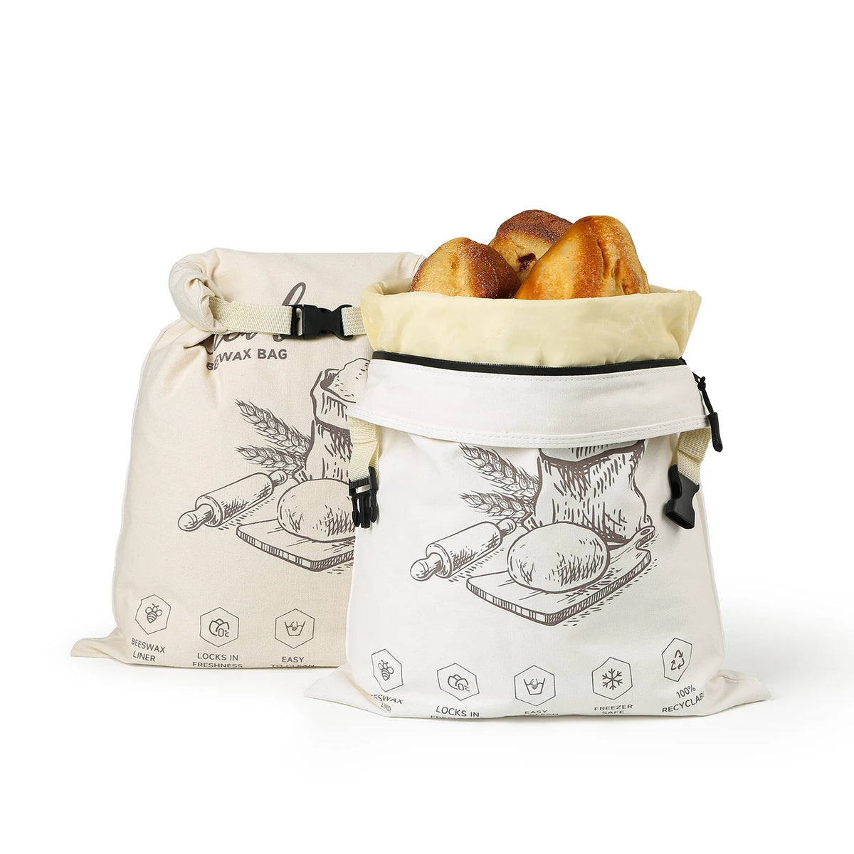 Two beeswax bread bags filled with bread rolls