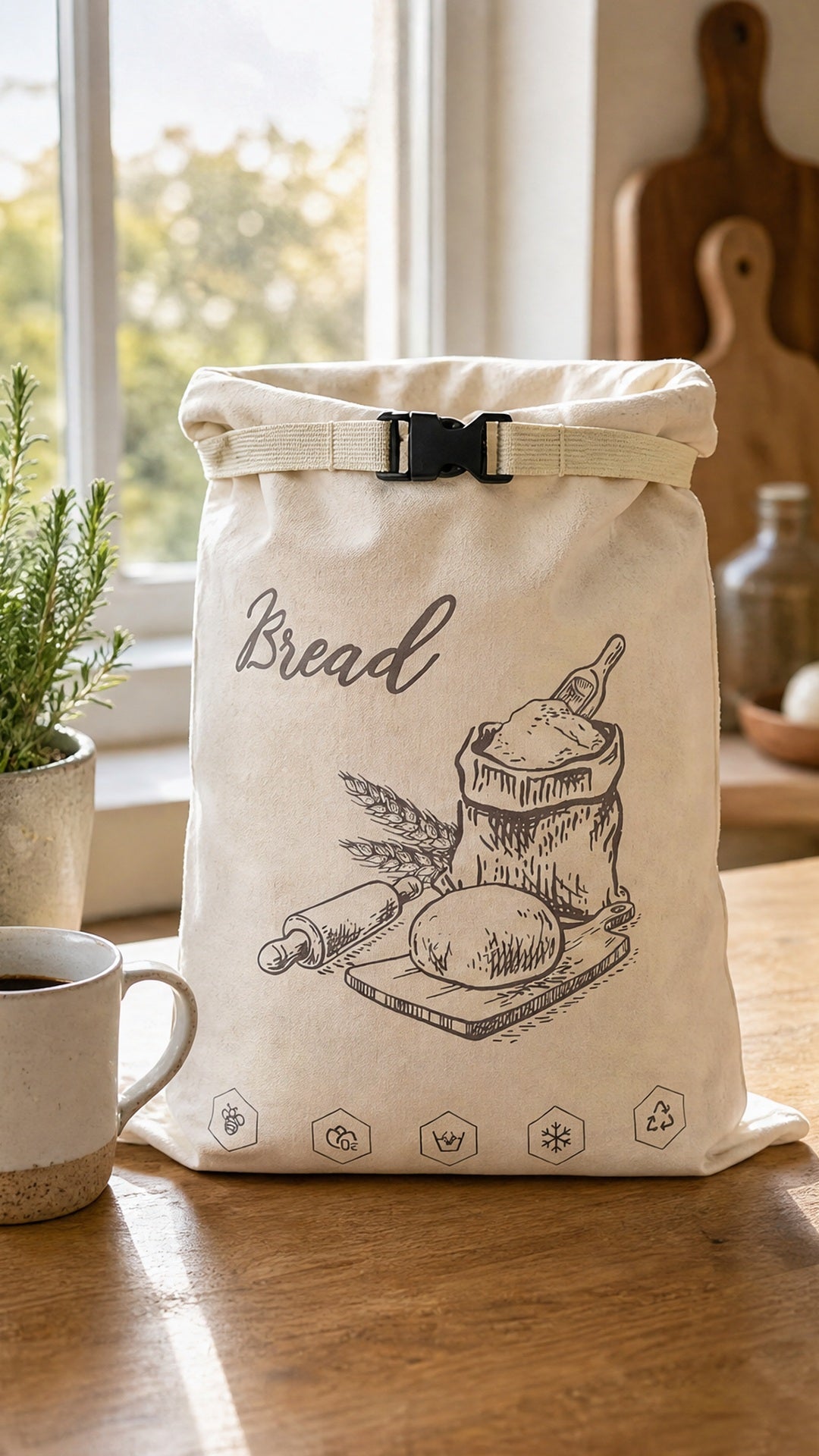 Bread bag rolled and clipped shut on a wooden kitchen counter