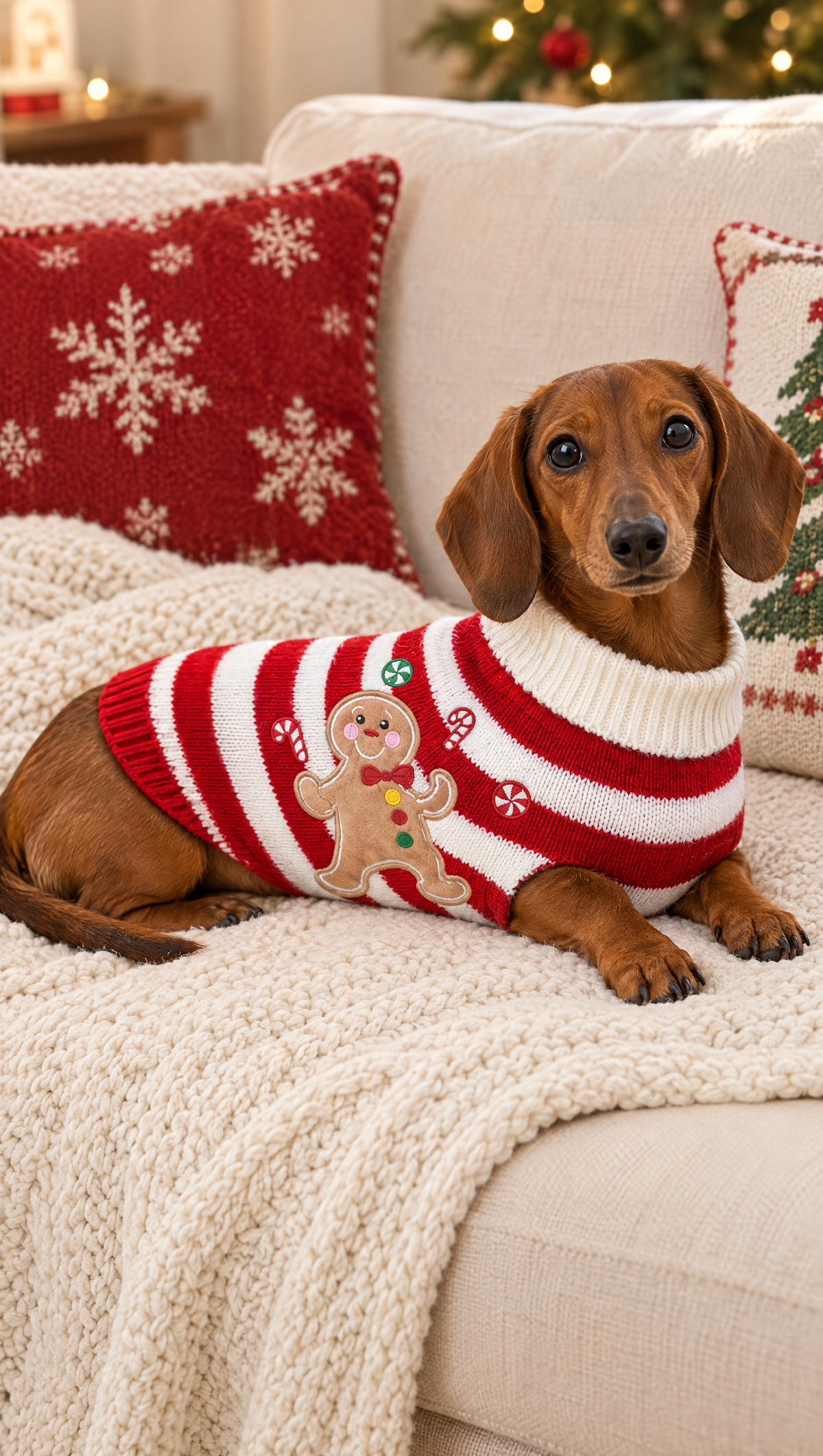 Dachshund wearing the Gingerbread Red Stripes Christmas sweater (AI-generated illustration)