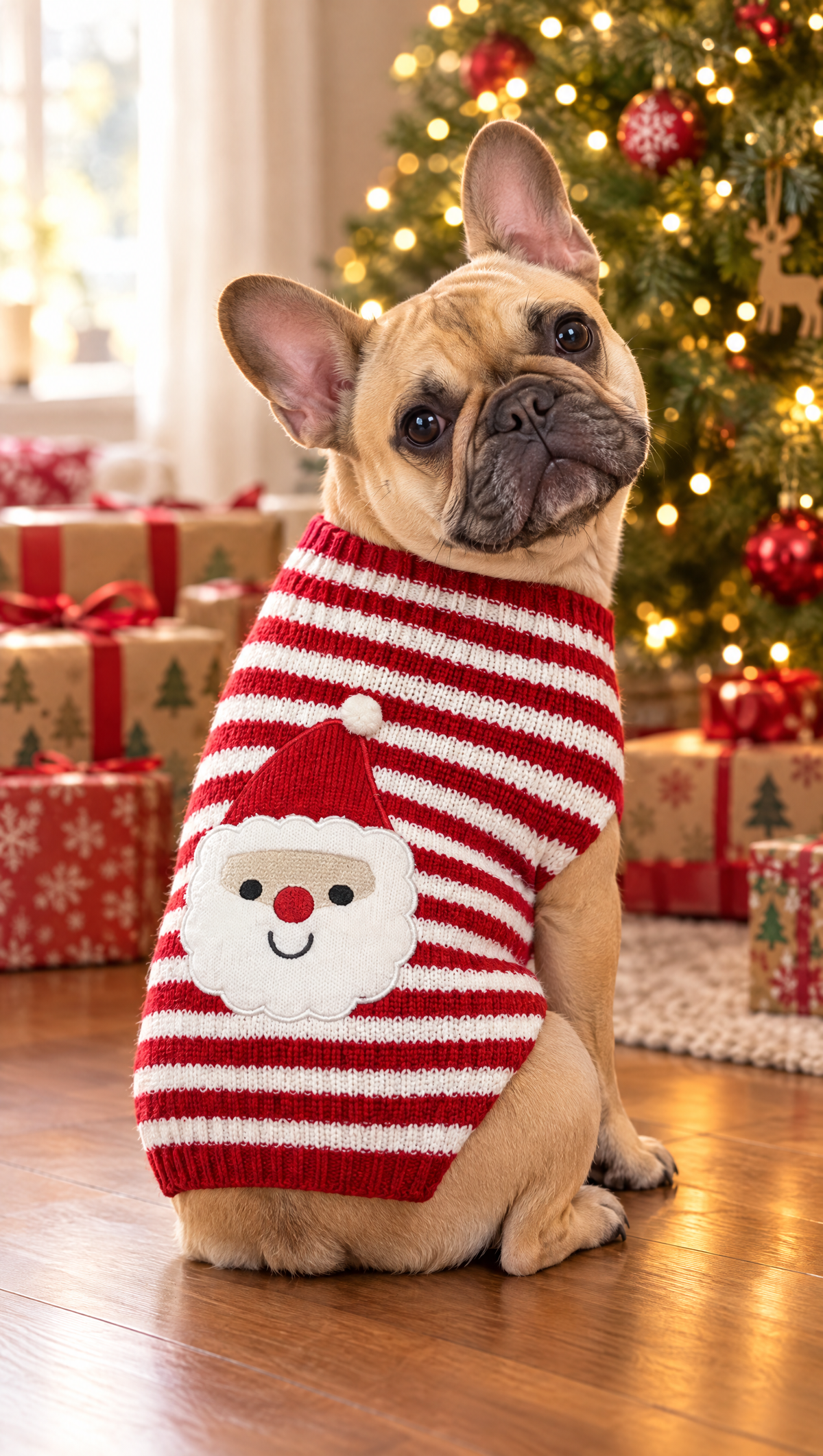 French Bulldog wearing the Santa Red Stripes Christmas sweater (AI-generated illustration)
