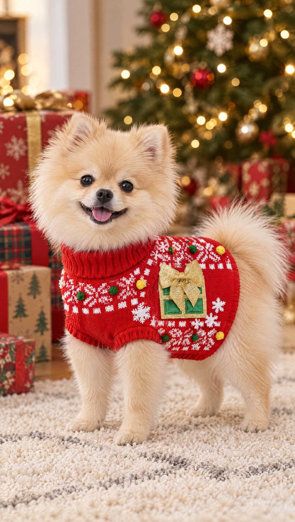 Pomeranian wearing the Snowflake Applique Christmas sweater (AI-generated illustration)