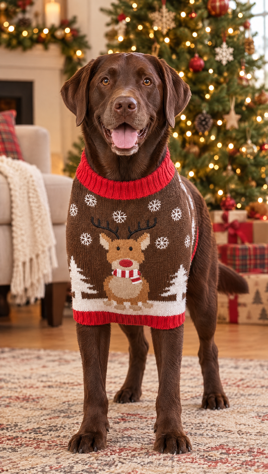Chocolate Labrador wearing the Reindeer Brown Forest Christmas sweater (AI-generated illustration)