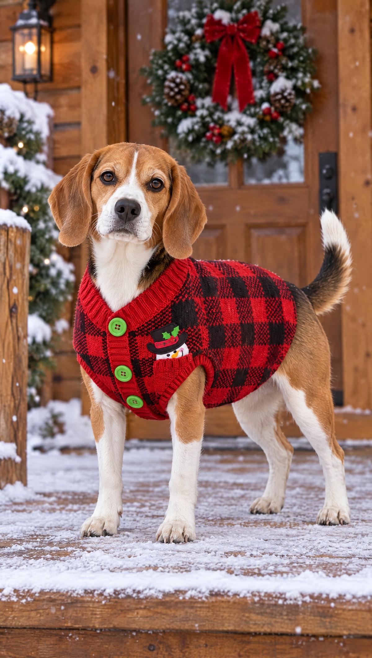 Beagle wearing the Buffalo Plaid Red Black Christmas sweater (AI-generated illustration)