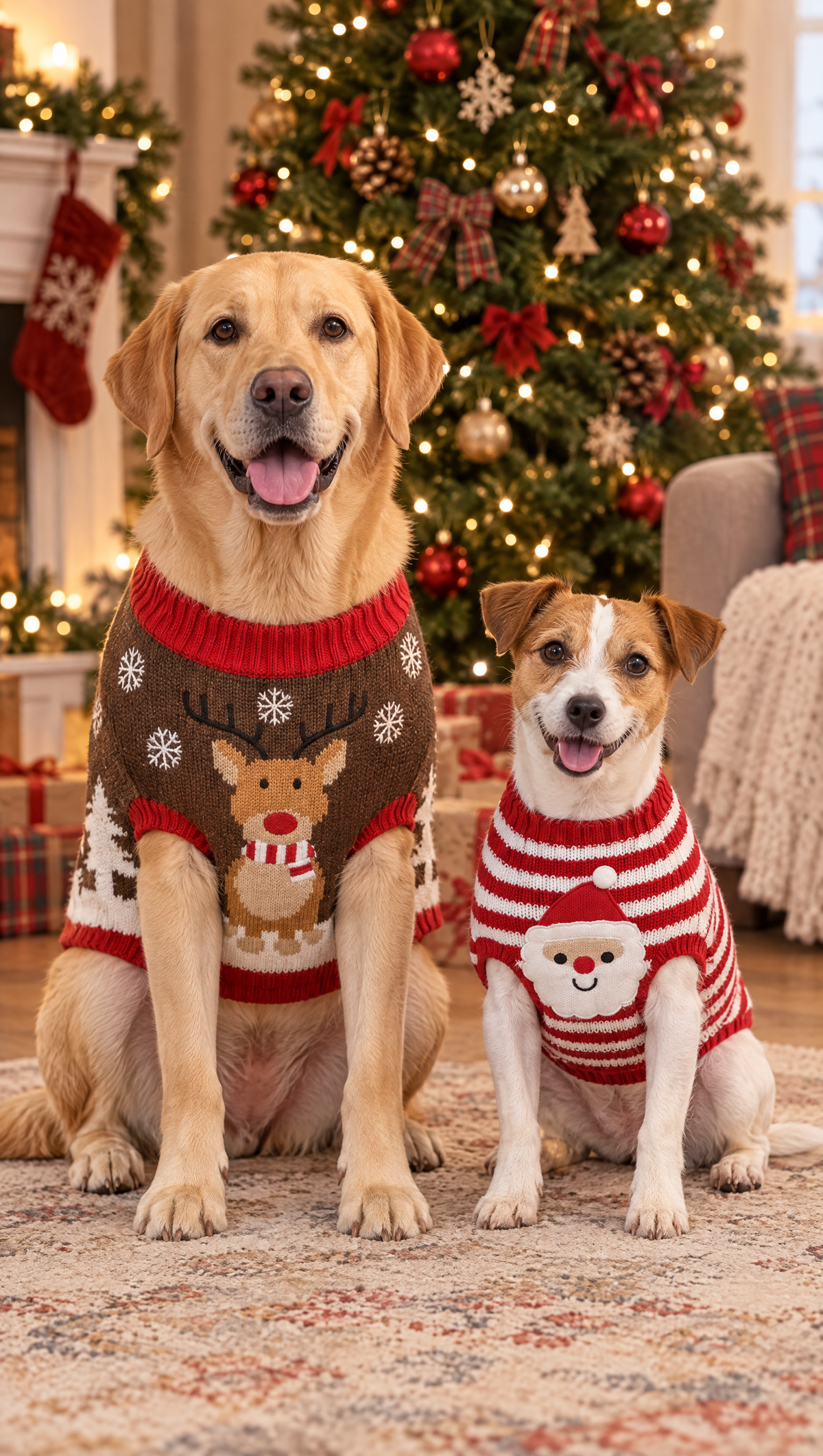 Labrador and Jack Russell wearing matching Christmas sweaters (AI-generated illustration)