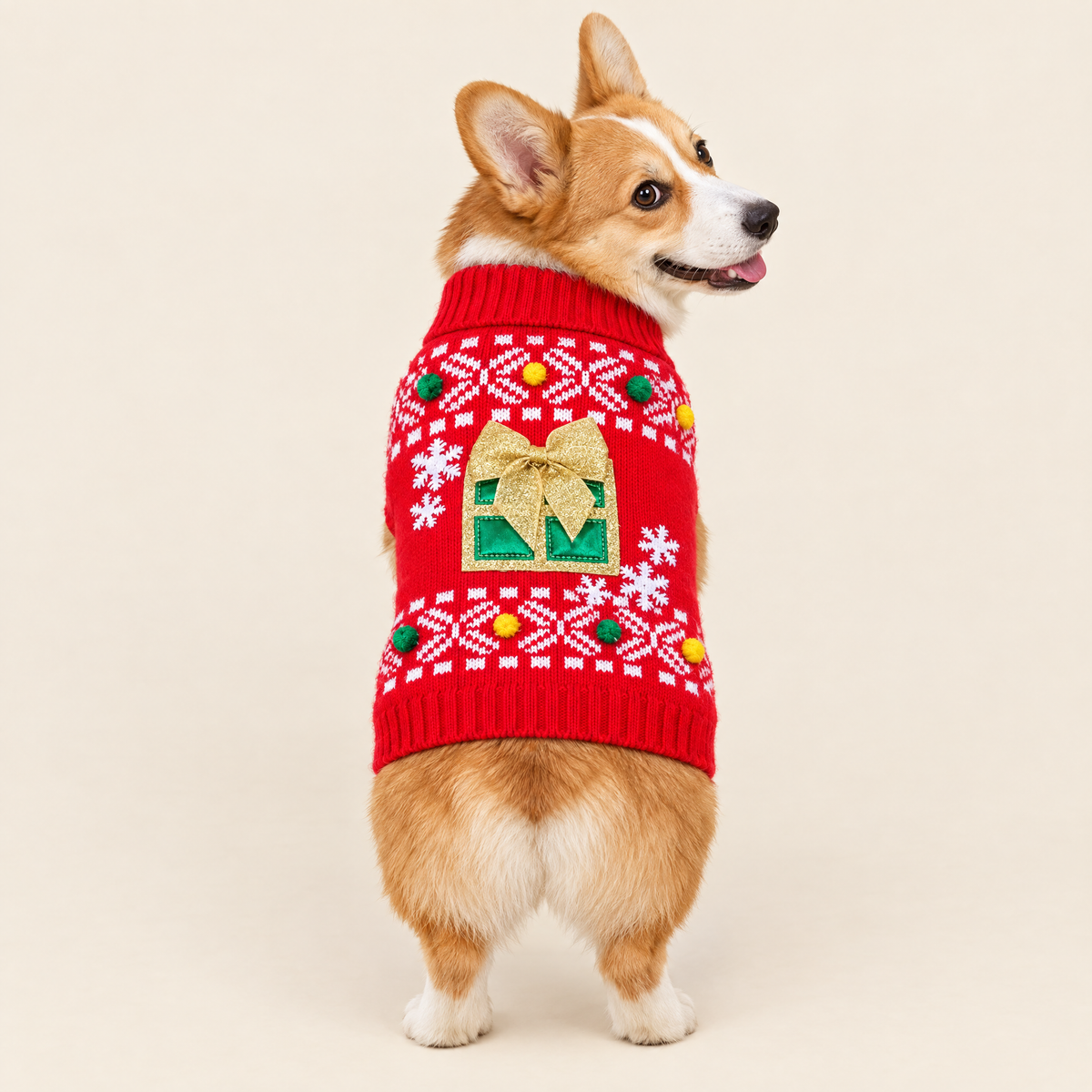 Snowflake gift box Christmas dog sweater, red Fair Isle knit, back view