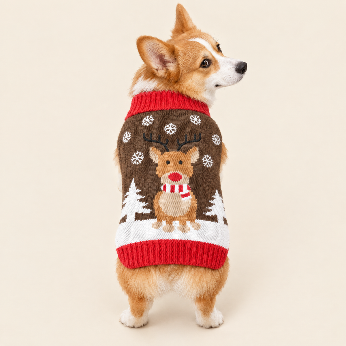 Reindeer Christmas dog sweater, brown knit with snowflakes, back view