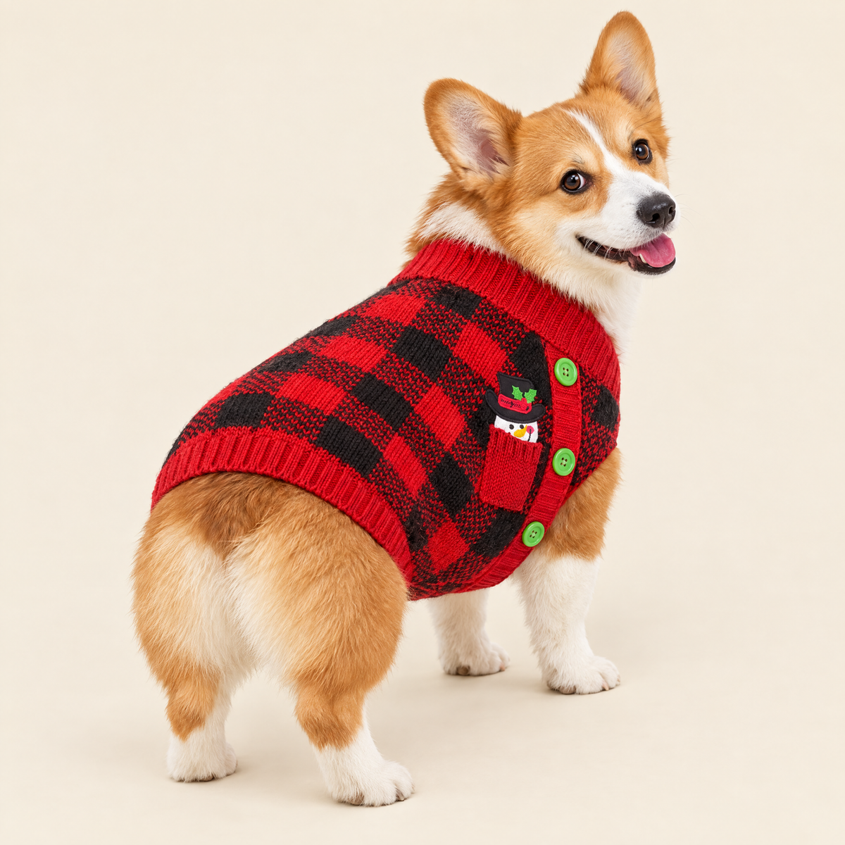 Buffalo Plaid Christmas dog cardigan with snowman pocket, back view